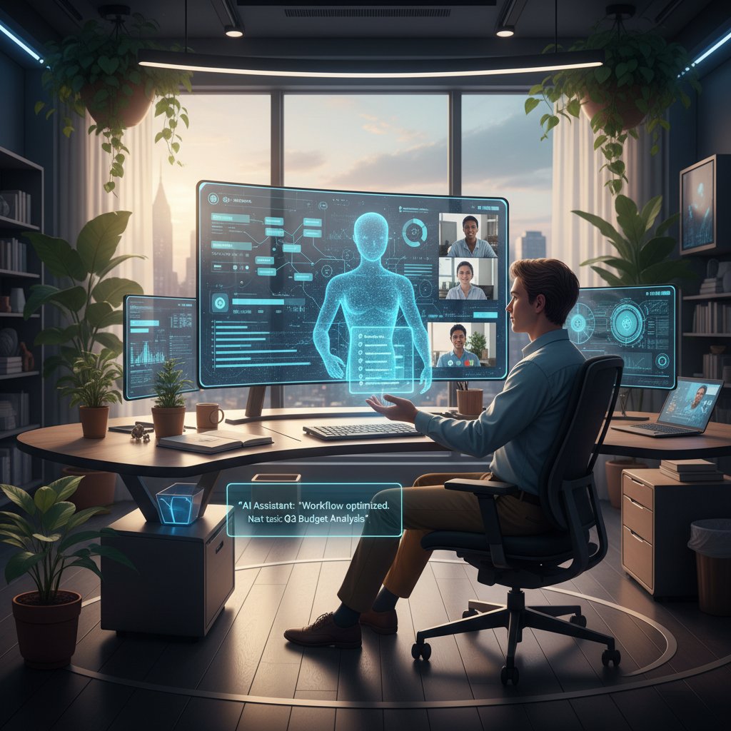 Remote team collaborating via video call, with digital project boards visible and AI assistants coordinating tasks.