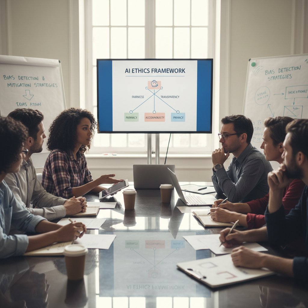 Zespół projektowy debatuje nad etycznym wdrożeniem AI w sali spotkań, z tablicą pełną notatek