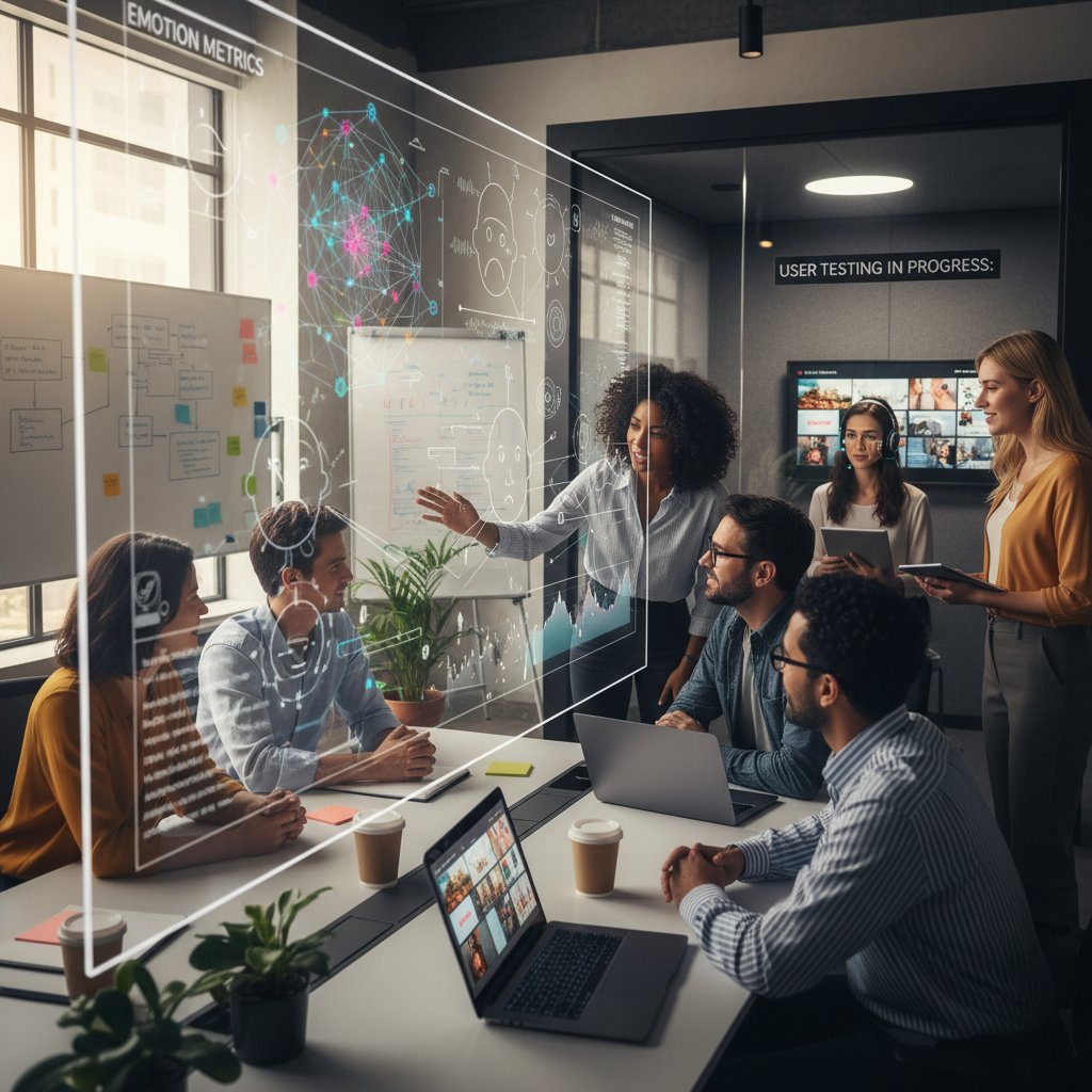 Zespół projektowy pracujący nad wdrożeniem AI w analizie emocji, testujący reakcje na realnych użytkownikach