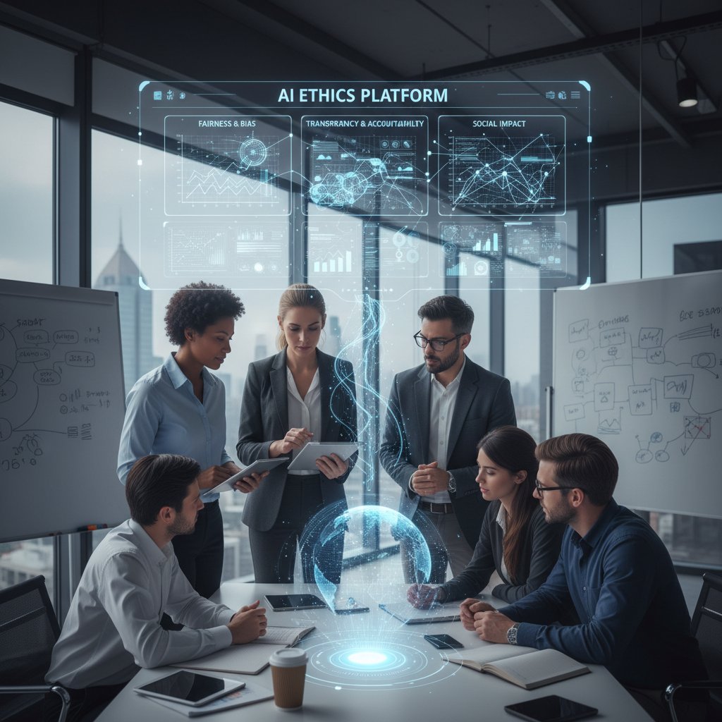 Zdjęcie ilustrujące spotkanie zespołu projektowego korzystającego z platformy AI do analizy etycznej