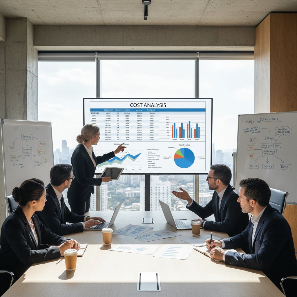 Zespół projektowy analizujący wydruki kosztów wdrożenia AI w sali konferencyjnej, emocje, skupienie