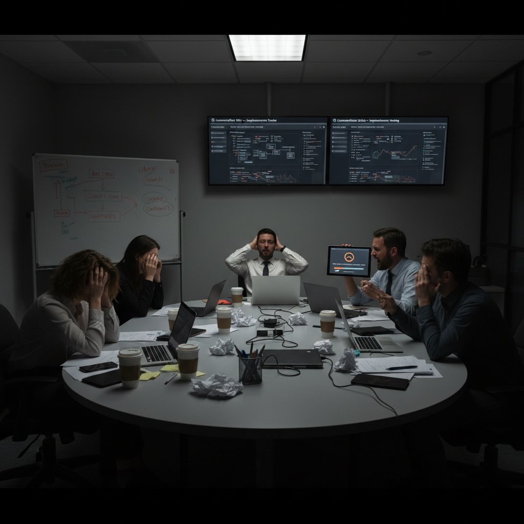 Zespół projektowy podczas wdrażania narzędzia do analizy satysfakcji klientów, zmęczenie i frustracja