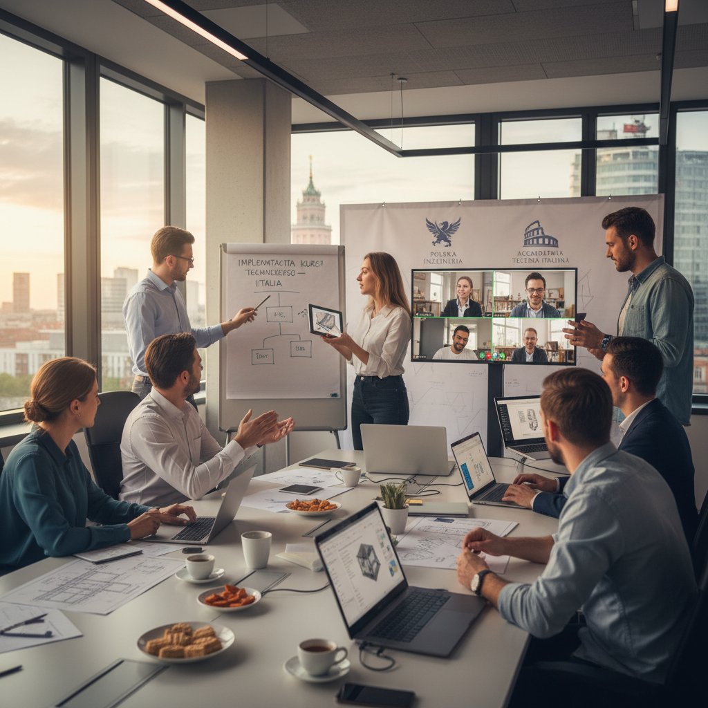 Zespół projektowy polskiej firmy podczas wdrożenia kursu włoskiego technicznego online