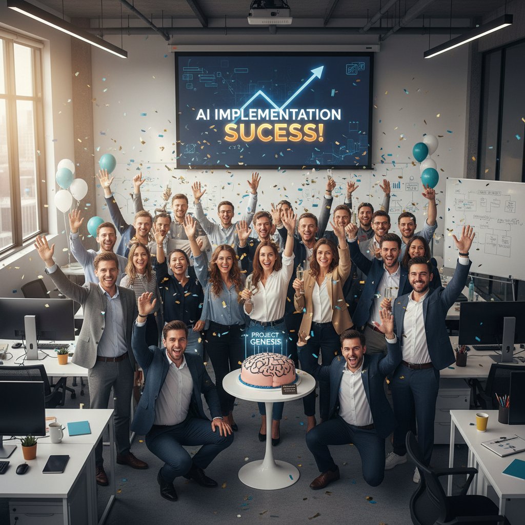 Zespół projektowy świętujący udane wdrożenie chatbota AI w biurze