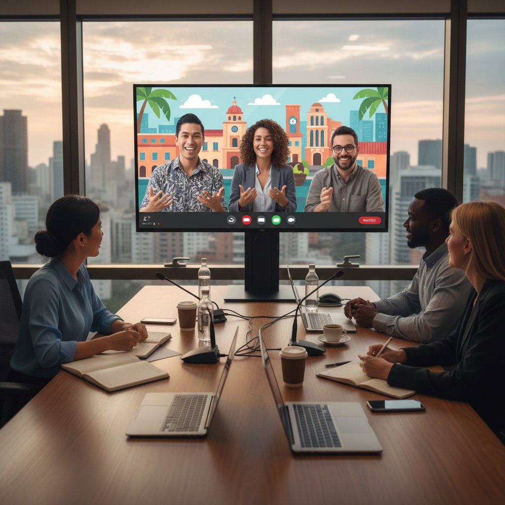 Zespół projektowy podczas wideokonferencji z klientami z Ameryki Łacińskiej – biznesowy hiszpański latynoamerykański w praktyce