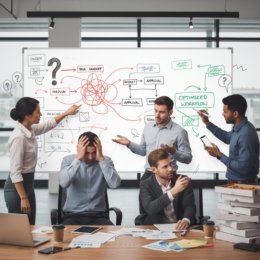 Two people at a whiteboard, heated discussion and sticky notes everywhere, representing a project team resolving communication issues and workflow optimization
