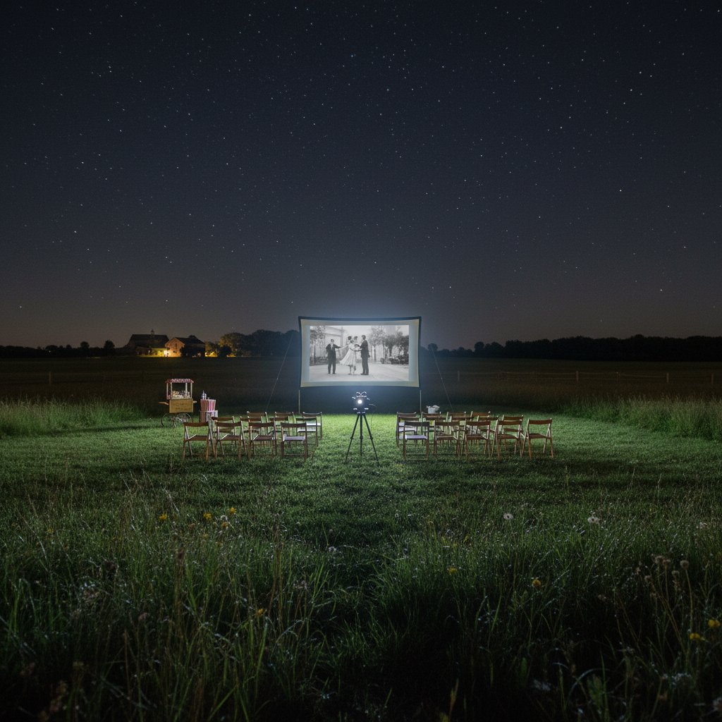 Projector casting light in rural darkness, symbolizing fresh narratives in rural movies