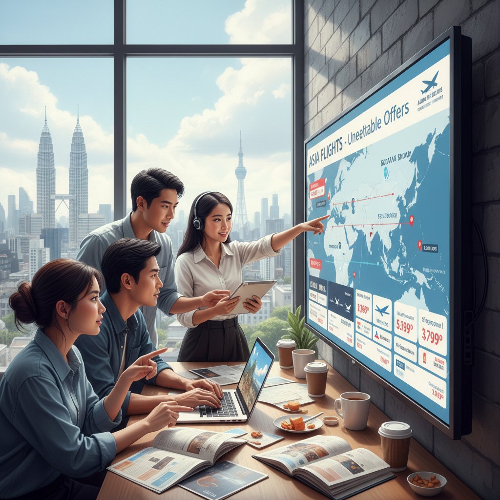 Grupa łowców promocji analizujących oferty biletów na lot do Azji