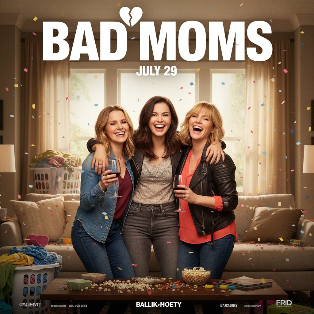 Promotional shot from 'Bad Moms', Mila Kunis leading a cast of women