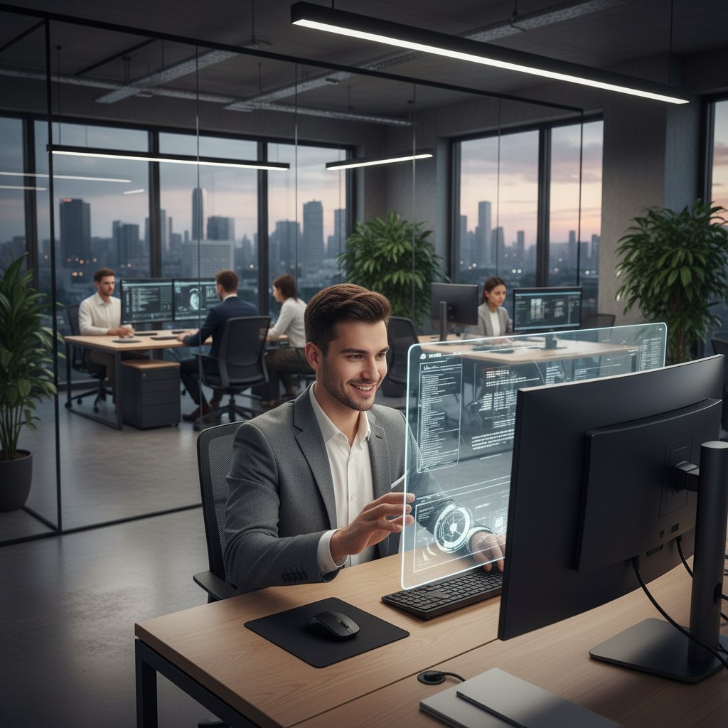 Młody specjalista prompt engineer przy komputerze, analizujący strukturę języka naturalnego w nowoczesnym biurze