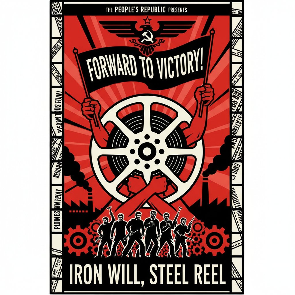 Stylized image representing propaganda in political cinema, bold red and black poster-style, symbols of flags, megaphones, and film reels clashing