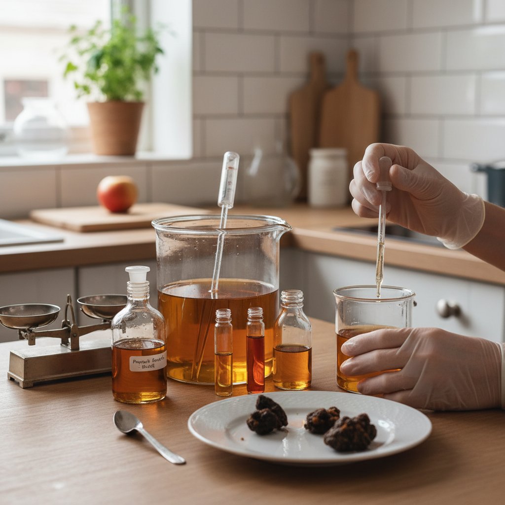 Osoba przeprowadzająca test jakości propolisu na kuchennym blacie