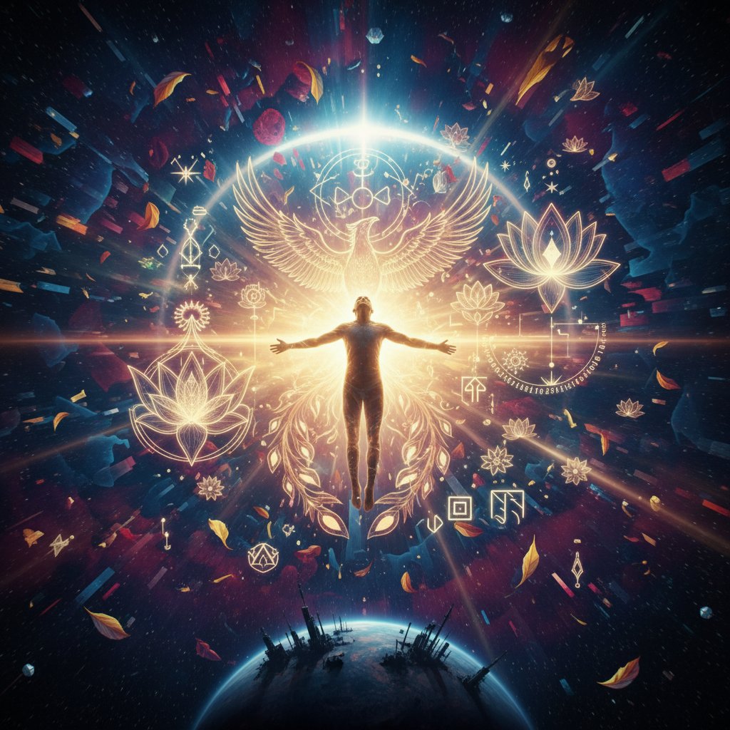 Visually symbolic movie moment, protagonist staring into fracturing void, movie transcendence movies