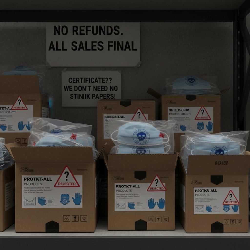 Zbliżenie na opakowania produktów ochronnych z podejrzanymi etykietami i brakiem certyfikatów — czerwone flagi przy zakupie środków ochronnych