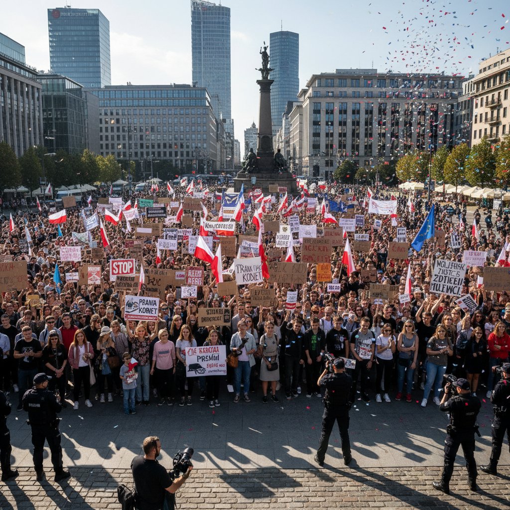 Demonstracja w centrum miasta, ludzie z transparentami wyrażającymi sprzeciw wobec zmian społecznych