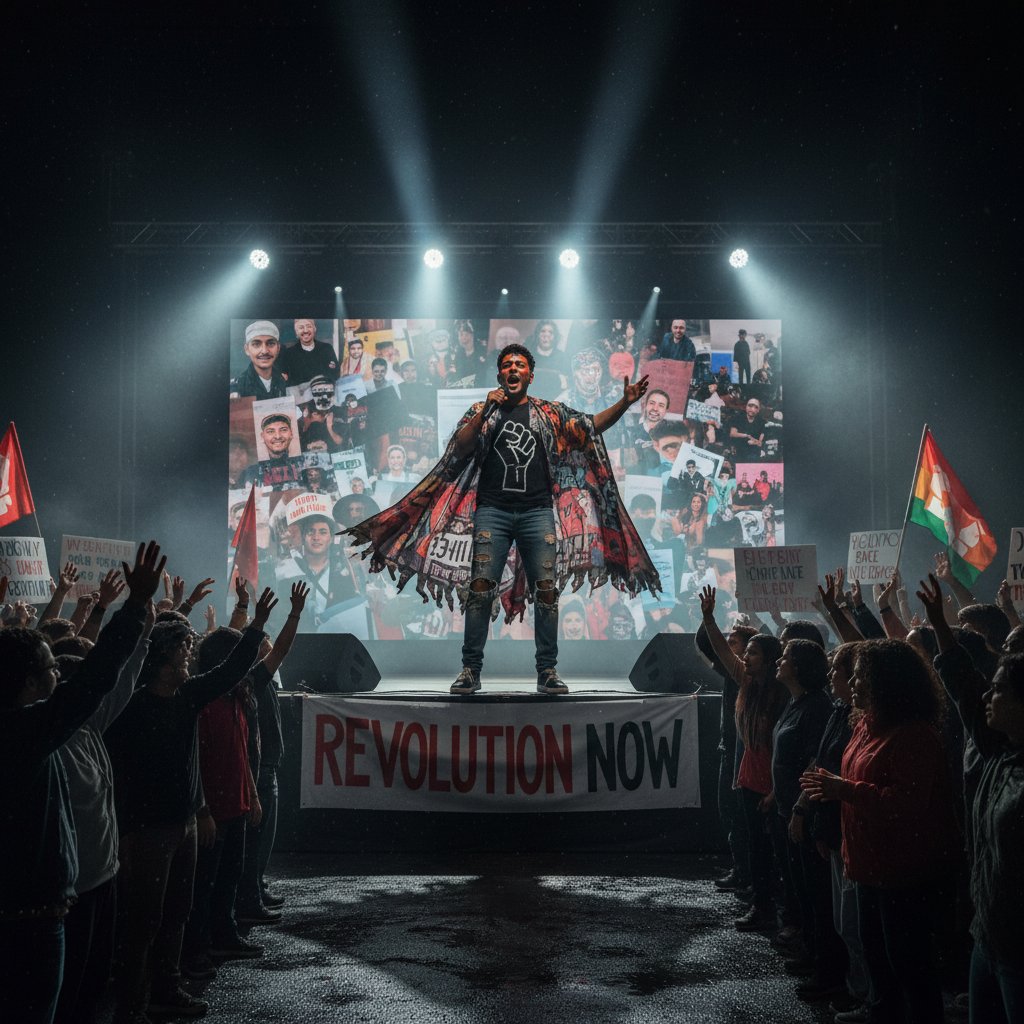 Scene from a politically charged live performance movie, protest crowd, raised fists, spotlight on performer