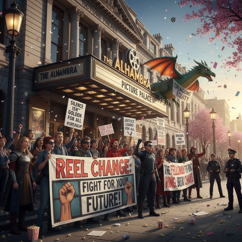 A powerful protest scene outside a cinema, illustrating how movie themes can influence social movements