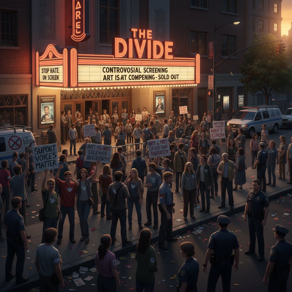 Protest outside movie theater, crowd holding signs after controversial racism movie screening