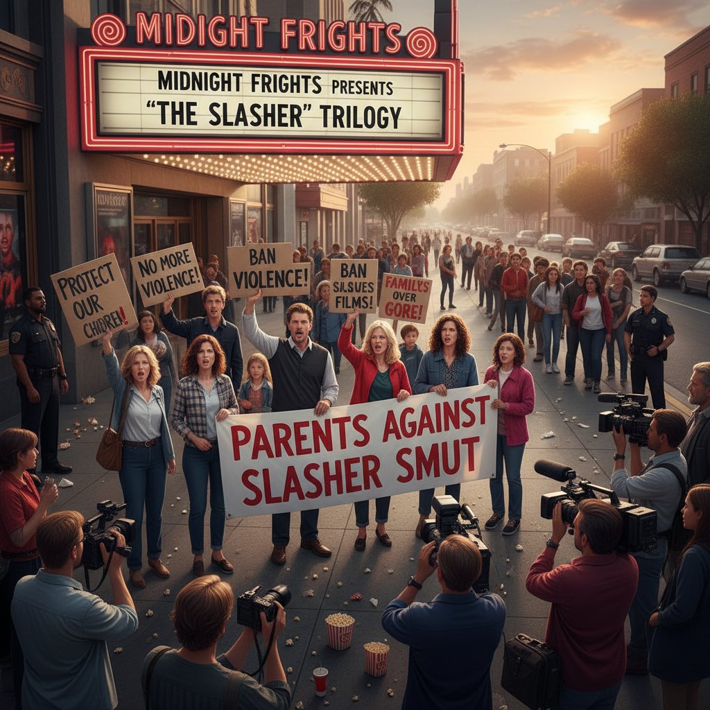 A protest rally with parents holding signs against violent movies, police presence, news cameras