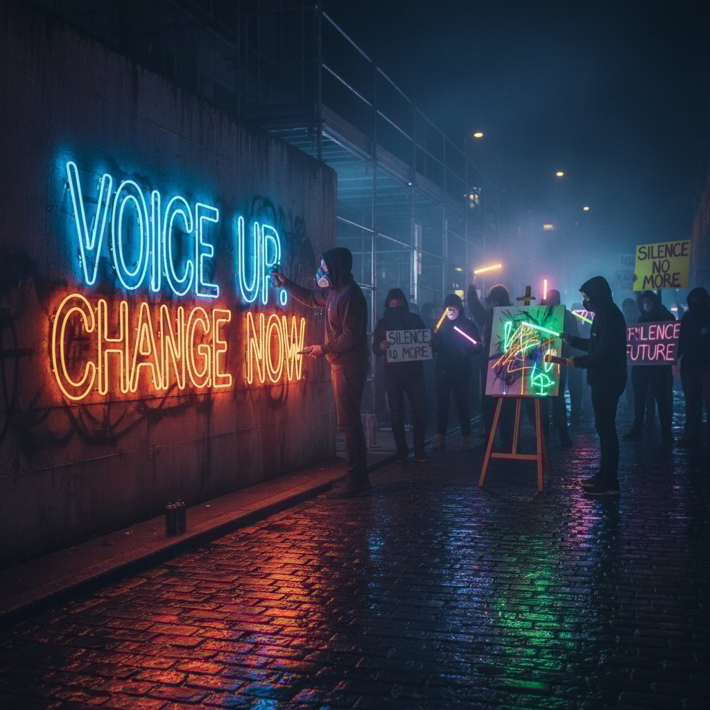 Photo of a protest scene at night with an artist spray-painting slogans amid neon lights, capturing the intersection of art and social change