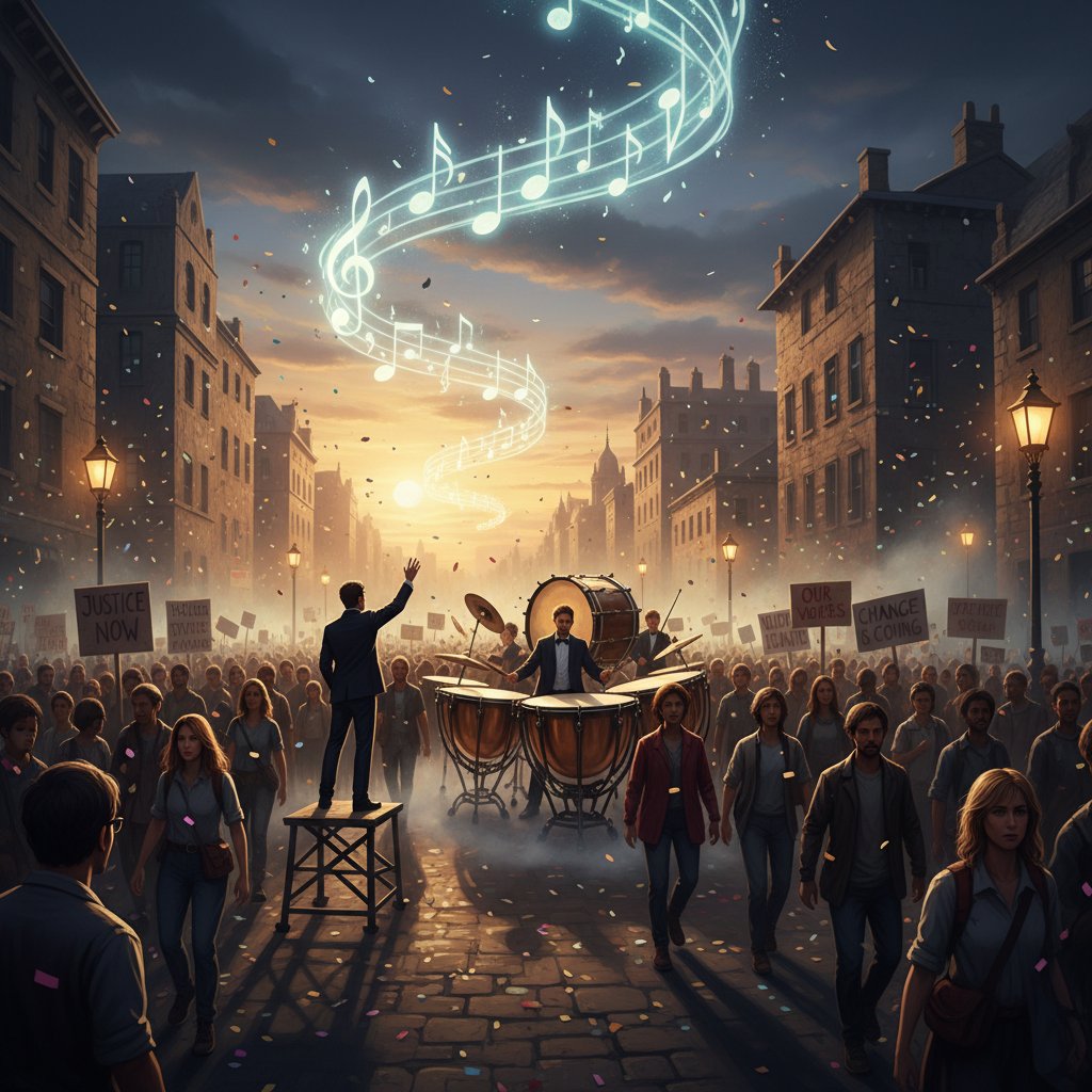Famous protest scene from a film with powerful cinematic soundtrack, illustrating music as social commentary