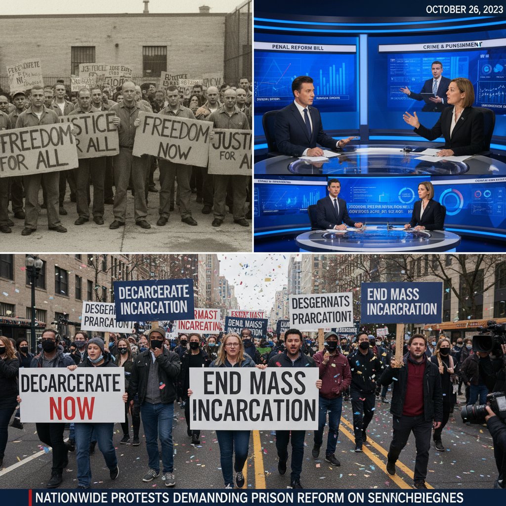 Protesters with banners referencing a prison film, news-style montage