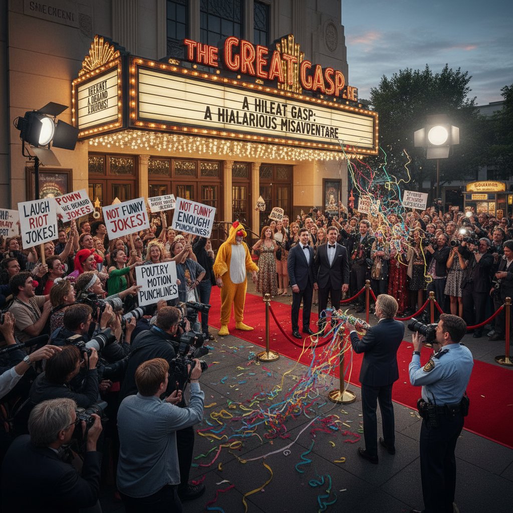 Protesters and reporters outside a controversial comedy movie premiere, illustrating the power of social media in amplifying premiere scandals