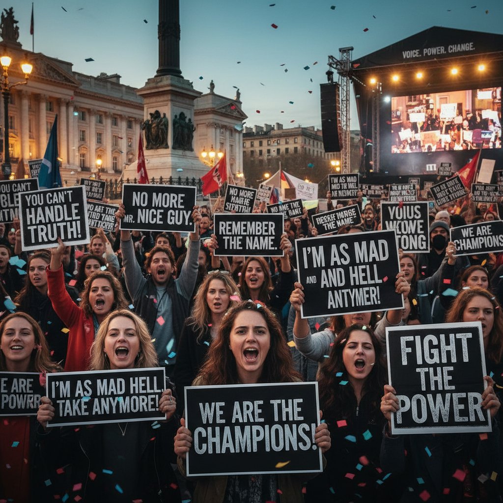 Protesters holding signs featuring impactful movie quotes