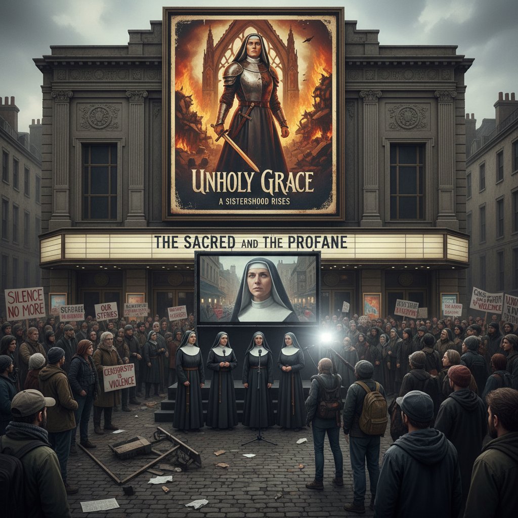 Crowds reacting to controversial nun comedy screening, protesters outside cinema with nun movie poster