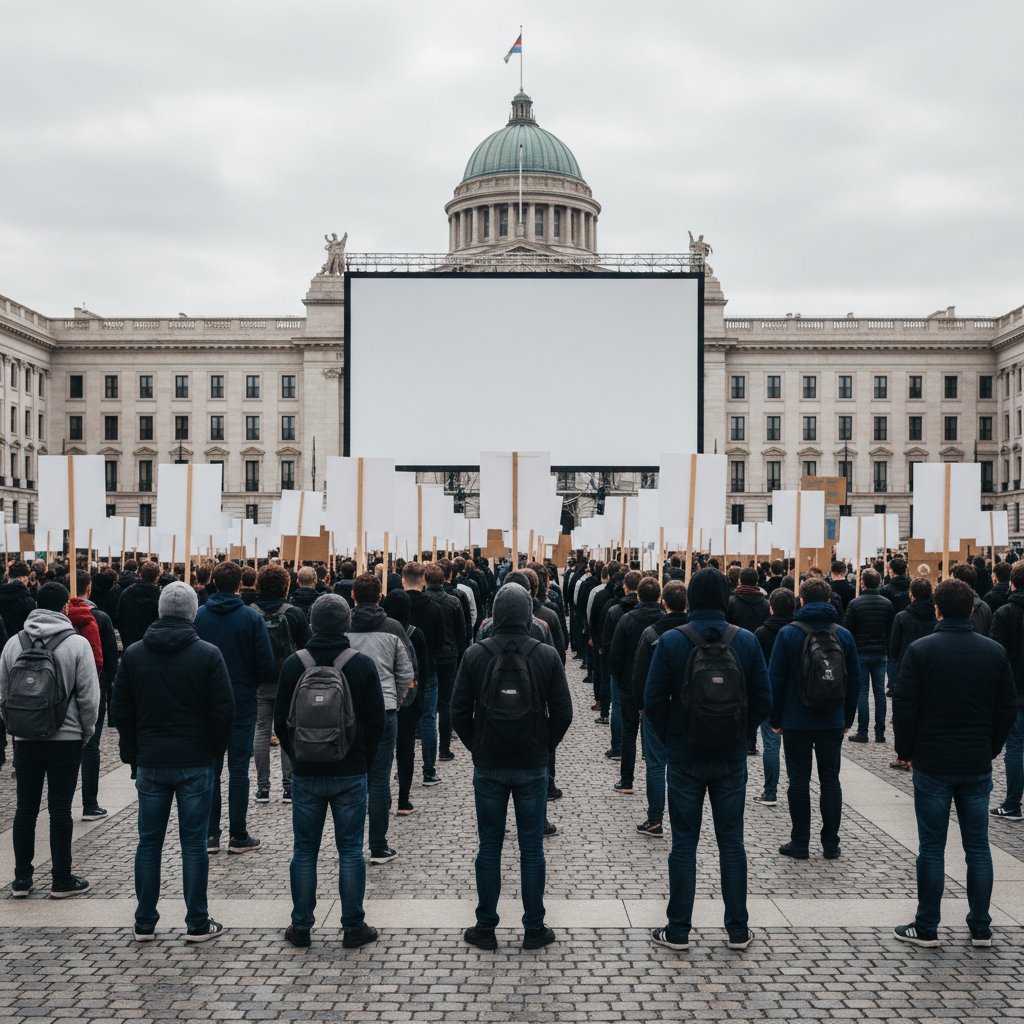 Demonstranci trzymający transparenty, część odwrócona plecami – symbol protestu przez ignorowanie