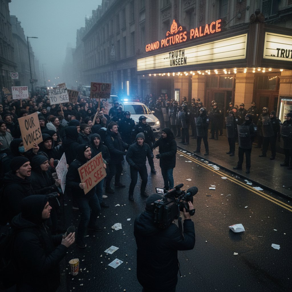 Protesters outside cinema, high-resolution documentary photo of culture war tension