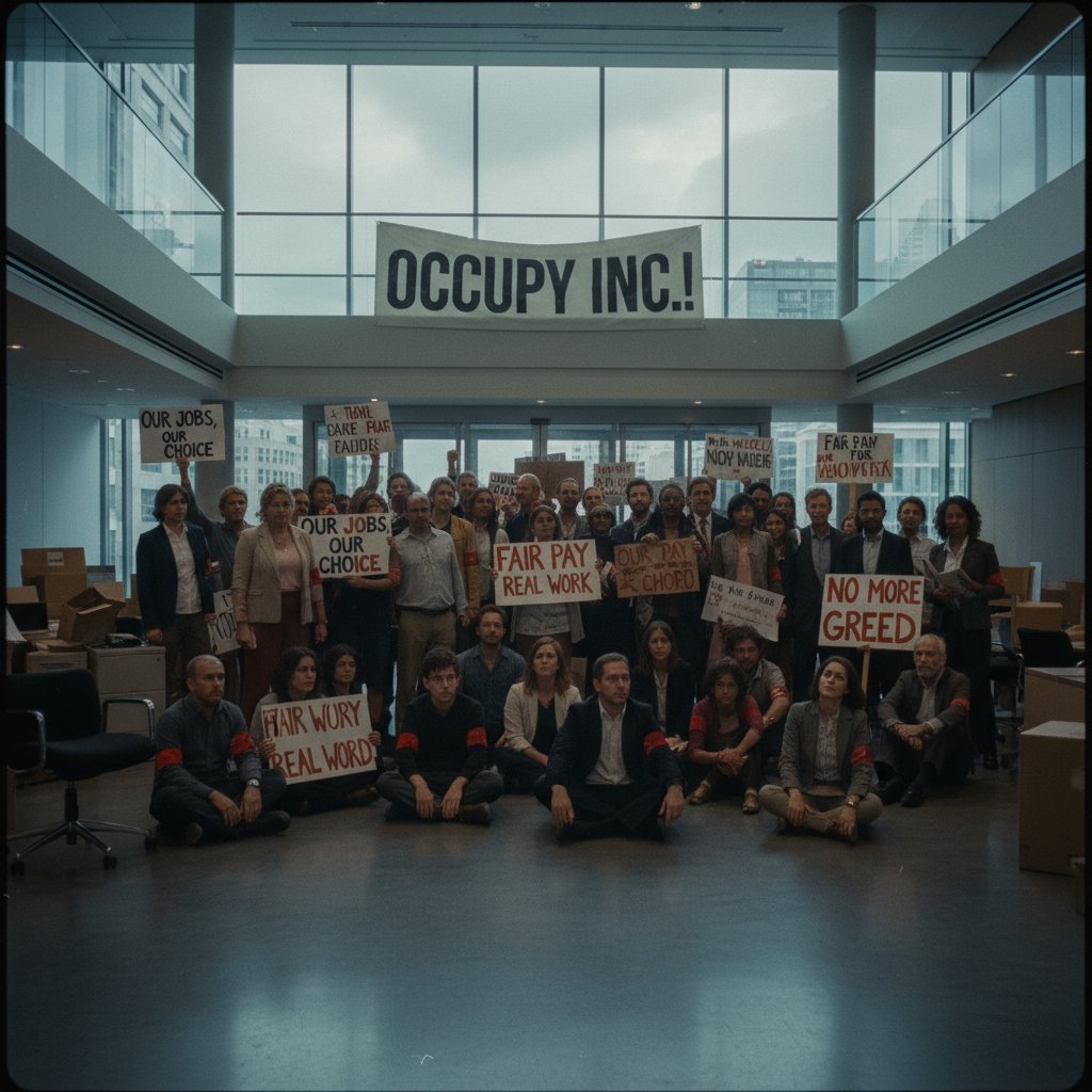 Protesters holding signs inspired by occupation movie, workplace activism, real-world impact