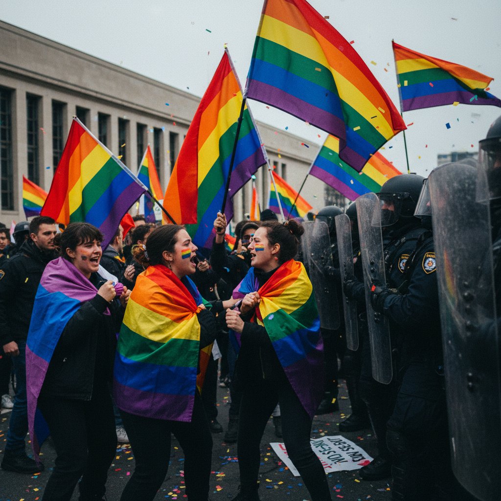 Protestors at a film festival holding rainbow flags, police presence, and raw emotion, highlighting ongoing struggles for queer visibility