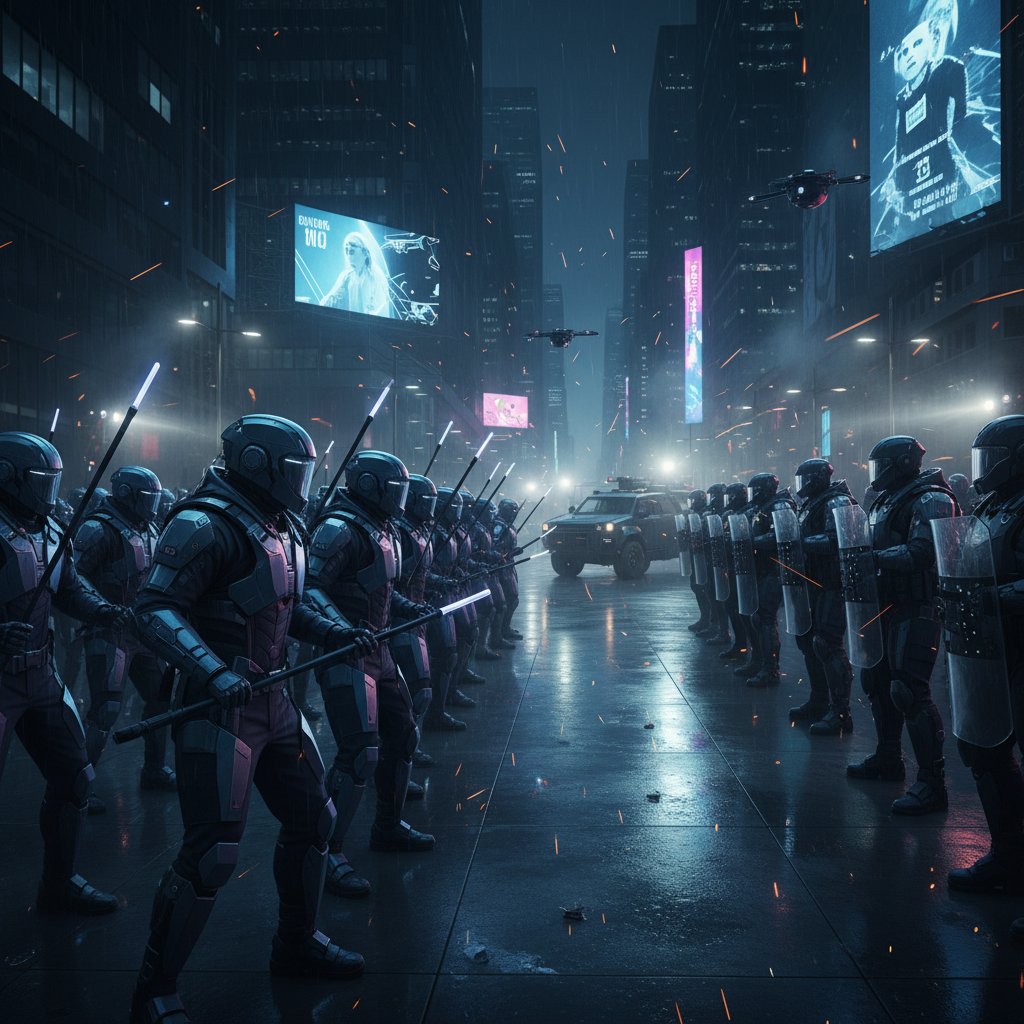 Protestors in futuristic uniforms stand tense against armored police, symbolizing resistance in dystopian movies