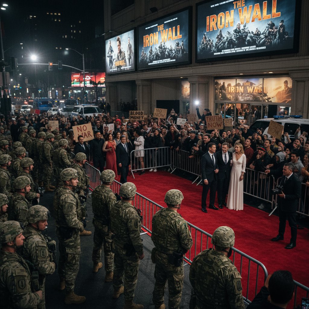 Bold, symbolic image of protestors outside a military movie premiere, 16:9, tense atmosphere