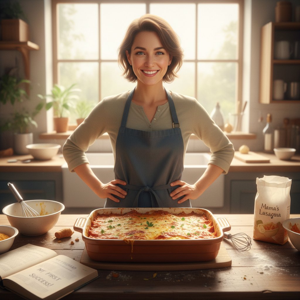 Młoda osoba z dumą prezentująca samodzielnie przygotowane danie – emocjonalna satysfakcja z gotowania