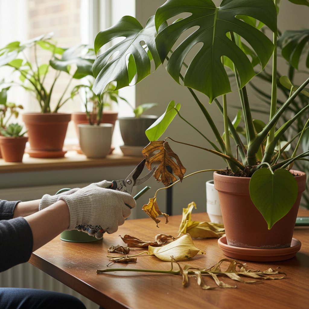 Osoba przycinająca uschnięte liście rośliny domowej