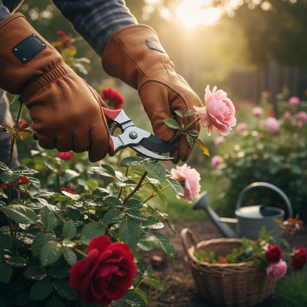 Cięcie róż w porannej rosie – ogrodnik w rękawicach przy pracy