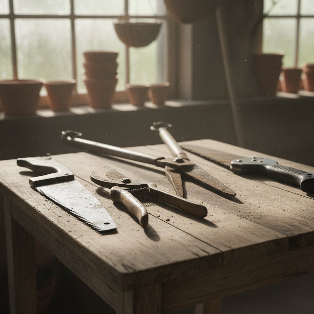 Sekatory, piły i nożyce ogrodowe na drewnianym stole, nastrojowe światło