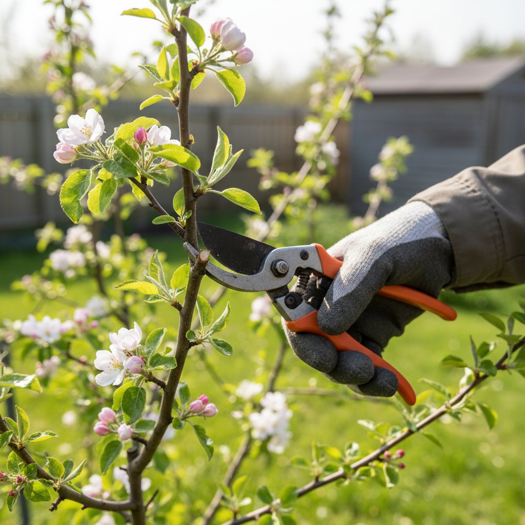 Precyzyjne cięcie gałęzi młodego drzewa owocowego wczesną wiosną, ręka ogrodnika z ostrym sekatorem