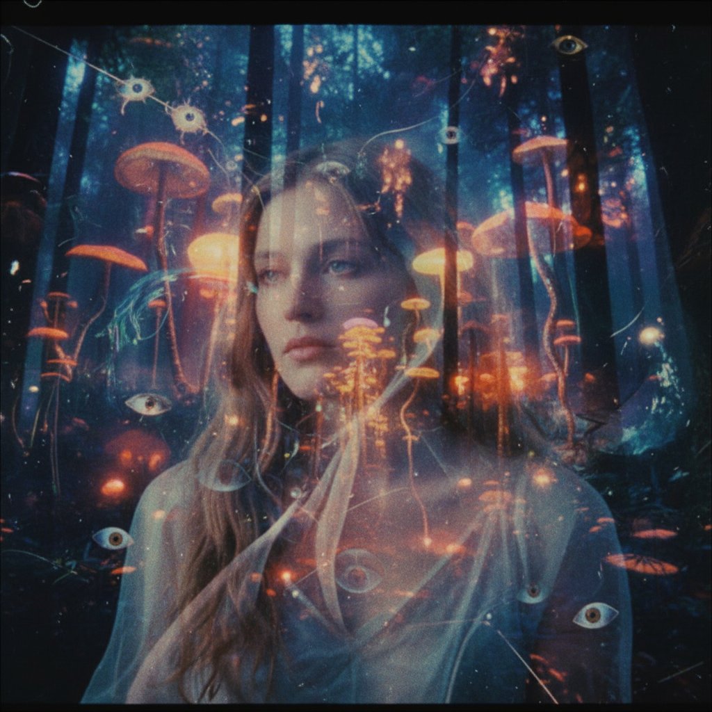 Psychedelic film still with swirling colors and double exposures, experimental pure cinema mood