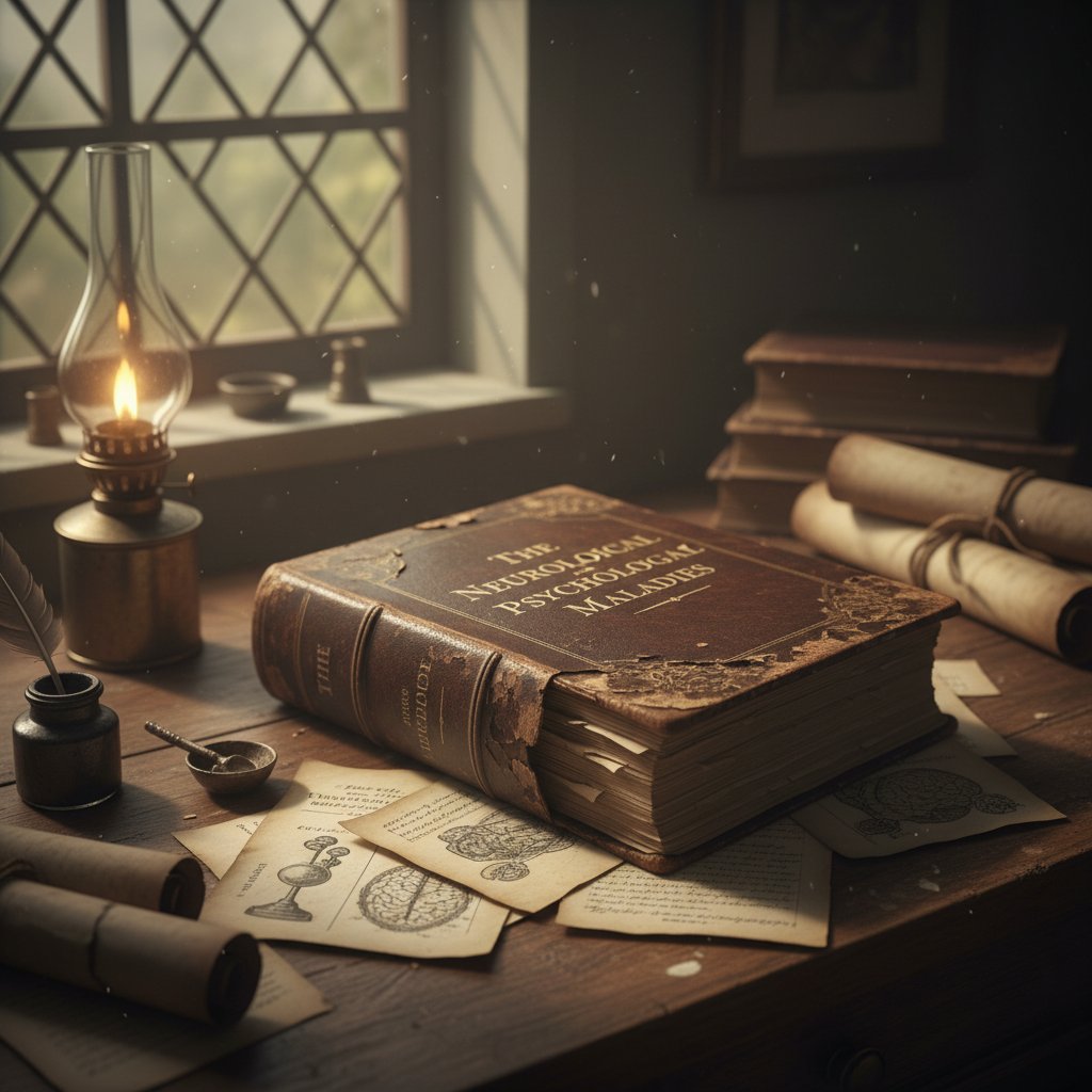 Stara księga psychiatrii na biurku – historia diagnostyki schizofrenii zdezorganizowanej.