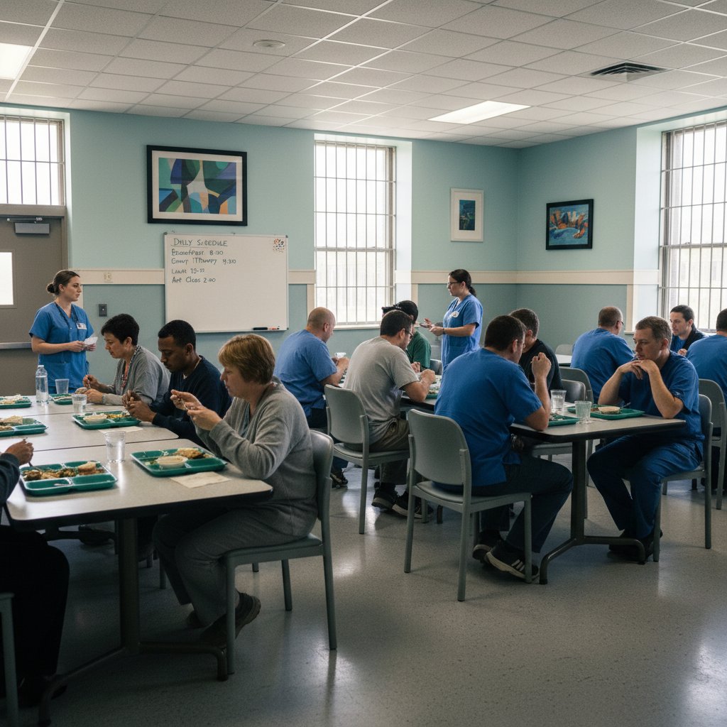 Sala wspólna oddziału psychiatrycznego, pacjenci przy stole, codzienne rytuały