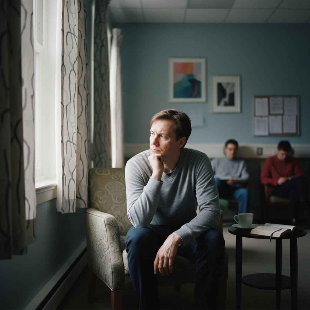 Pacjent na oddziale psychiatrycznym, zamyślony, naturalne światło, nastrój niepewności