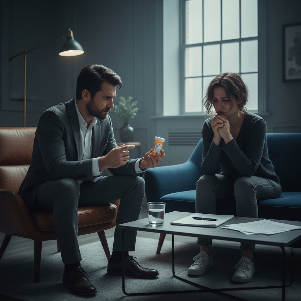 Dwie osoby rozmawiające w gabinecie psychiatrycznym, intensywna atmosfera