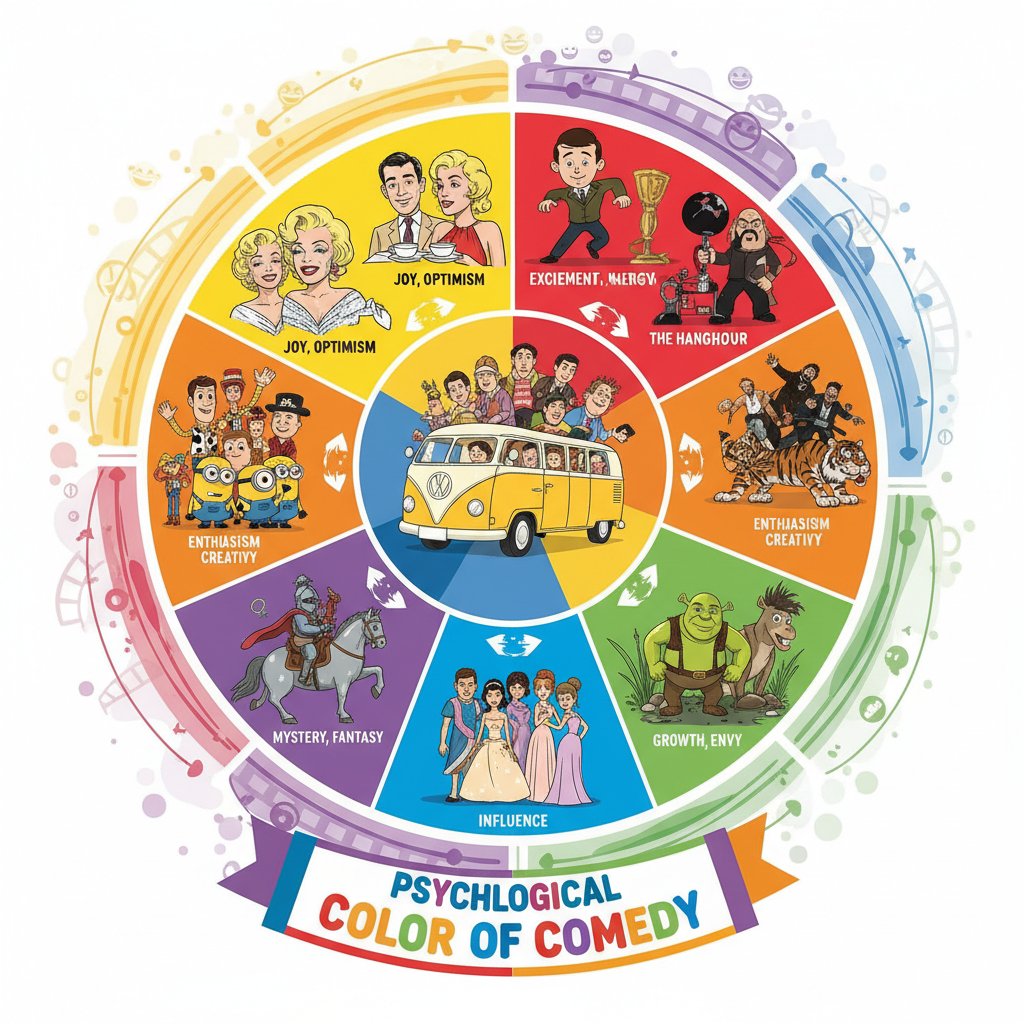 Psychological color wheel over famous comedy movies, vibrant and educational, movie palette comedy movies