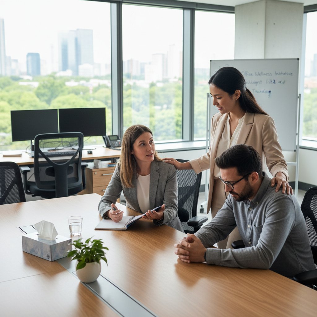 Dwie osoby w biurze – jedna okazuje wsparcie, druga siedzi zamyślona, scena z życia