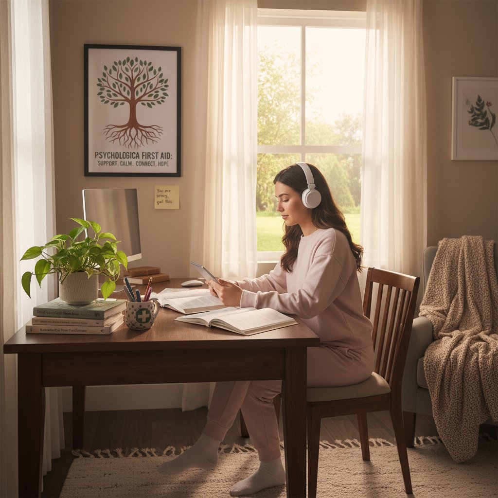 Osoba czytająca materiały o odporności psychicznej, domowa scena nauki