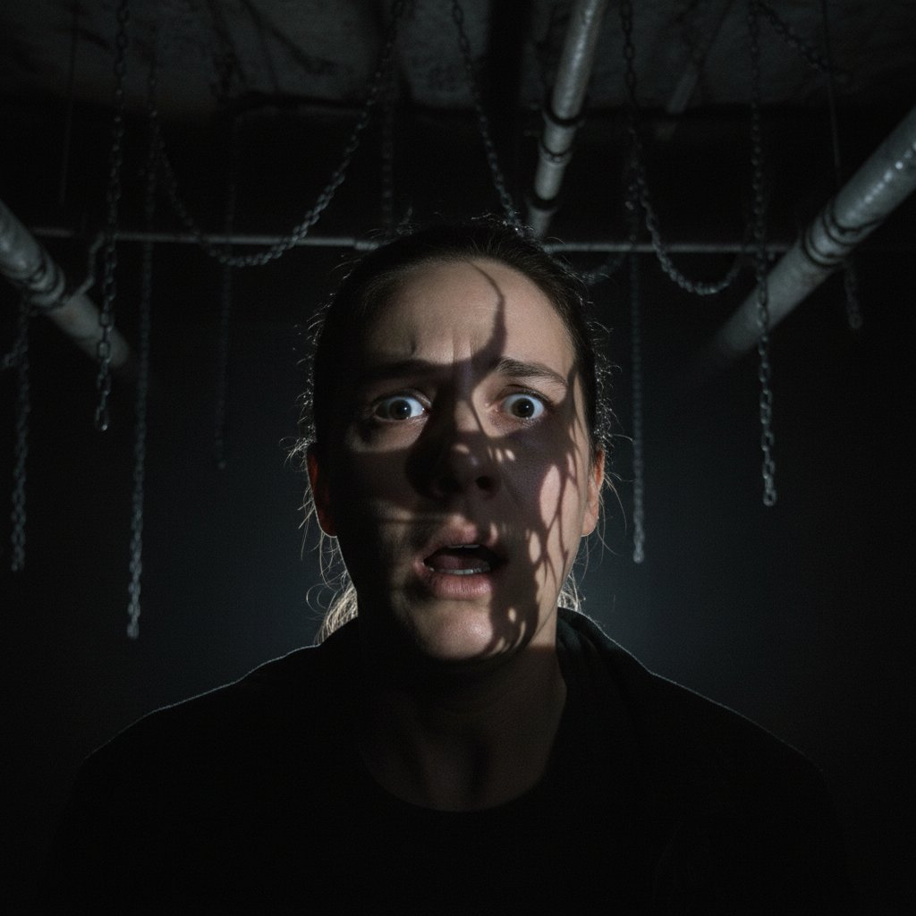 Viewer experiencing psychological horror in an Ari Aster movie, close-up of terrified face illuminated by projector light