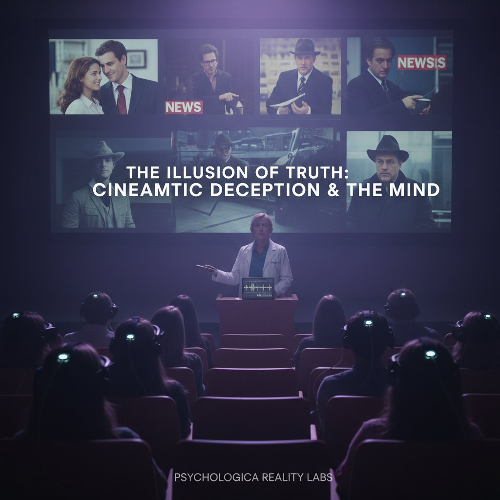 Psychological study participants watching a dramatic film, faces showing awe and confusion in a dimly lit lab. Modern, analytical, 16:9.